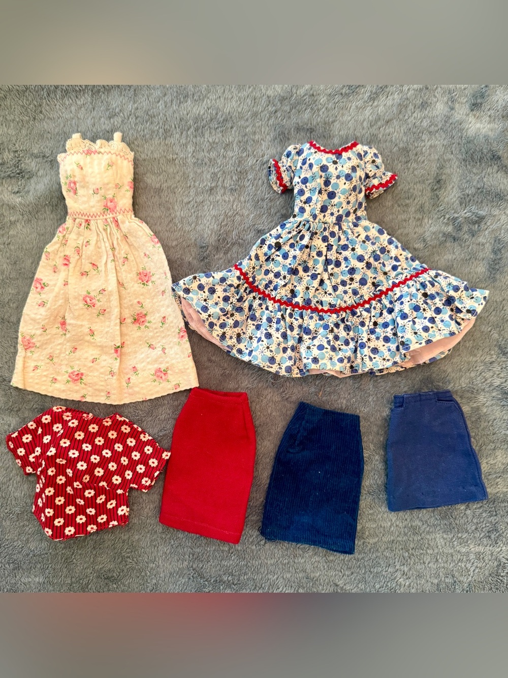 6 pc Lot Doll Clothes for Barbie Tammy Midge Multicolor 2 Dresses 1 Top 3 Skirts